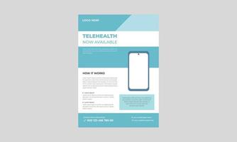 telemedicin flyer mall, telehealth flyer designmall, fjärrleverans av sjukvårdstjänster. flygblad, häfte, broschyrtryck, omslagsdesign med linjära ikoner. vektor