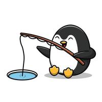 söt pingvin fiske tecknad vektor ikonillustration. djur natur ikon koncept isolerade premium vektor. platt tecknad stil