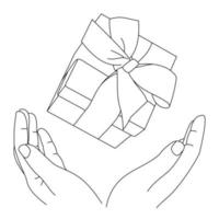 Abbildung einer Hand, die vorgibt, eine Geschenkbox zu geben. weihnachtsgeschenke, weihnachten, neujahr, feier, valentinstag und geburtstagsausgaben lokalisiert auf weißem hintergrund. Überraschung oder besonderes Geschenk vektor