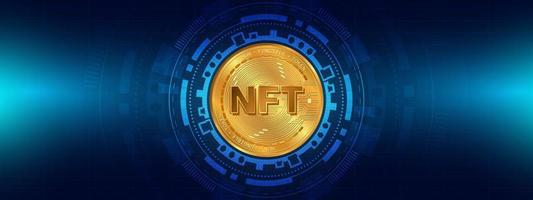 nft nonfungible coin.non funible token.blockchain concept.nft glod-mynt med blå bakgrundsteknik. vektor