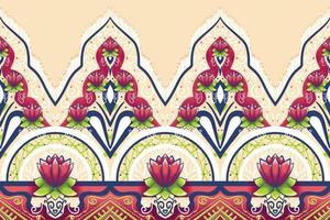 rosa blomma på elfenben beige, grönt, marinblått geometriskt etniskt orientaliskt mönster traditionell design för bakgrund, matta, tapeter, kläder, omslag, batik, tyg, vektorillustration broderistil vektor