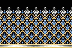 blaue Blume auf schwarzem, weißem, gelbem geometrischem ethnischem orientalischem Muster traditionelles Design für Hintergrund, Teppich, Tapete, Kleidung, Verpackung, Batik, Stoff, Vektorillustrationsstickereiart vektor