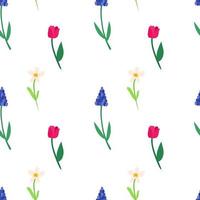 sömlösa mönster av vårens färgglada blommor av tulpan, muscari, påskliljor. festlig rustik vektorbakgrund för utskrift på papper, tyg, förpackning. vektor