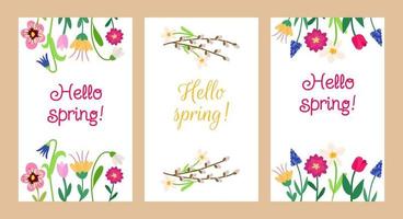 hej våren. en uppsättning vykort med ljusa färger av pion, muscari, tulpan, penséer, snödroppe, kamomill och en inskription. färgglad design för semester vektor