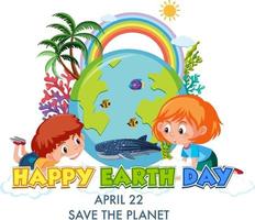 happy earth day logotypdesign med två barn seriefigur vektor