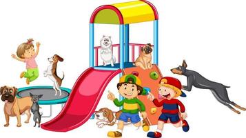 barn som leker med sina hundar på lekplatsen vektor