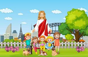 Jesus och barn i parken vektor
