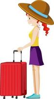 eine reisende Frau, die mit ihrem Gepäck auf weißem Hintergrund steht vektor