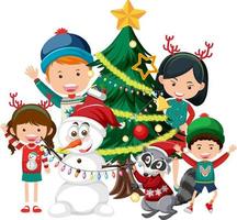 glückliche familie im weihnachtsthema mit einem schneemann vektor