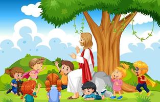 Jesus och barn i parken vektor