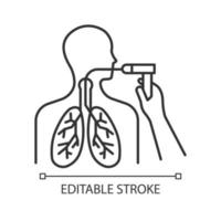 Lineares Symbol für Bronchoskopie. Atemwegskontrolle. Lungenuntersuchung. Medizinische Prozedur. Thoraxendoskopie, Diagnose. dünne Liniendarstellung. Kontursymbol. Vektor isoliert Umrisszeichnung. editierbarer Strich