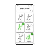 Tennis-Trainingstool Smartphone-Schnittstellenvektorvorlage. Farbdesign-Layout für mobile App-Seiten. Spieler, der den Ballschlagbildschirm übt. lineare Benutzeroberfläche für die Anwendung. Spiel-Coaching-Telefonanzeige.. vektor