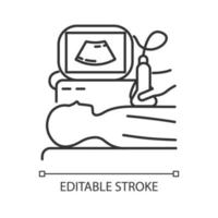 Ultraschalldiagnostik lineares Symbol. Ultraschall. Medizinische Prozedur. Gesundheitswesen. Brustuntersuchung des Patienten. dünne Liniendarstellung. Kontursymbol. Vektor isoliert Umrisszeichnung. editierbarer Strich