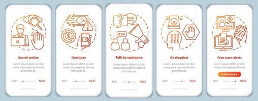 Betrugsprävention beim Onboarding mobiler App-Seitenbildschirm-Vektorvorlage. Walkthrough-Website-Schritte mit linearen Illustrationen. online suchen. ux, ui, gui smartphone-schnittstellenkonzept vektor