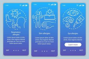 Allergie-Symptomtypen beim Onboarding der mobilen App-Seitenbildschirm-Vektorvorlage. Haut-, Augen-, Atemwegsallergien. Walkthrough-Website-Schritte mit linearen Illustrationen. ux, ui, gui smartphone-schnittstellenkonzept vektor