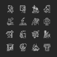 Industrietypen Kreidesymbole gesetzt. Waren- und Dienstleistungsproduktion. Technische Entwicklung. menschliche Aktivitäten für Profit. Unternehmen in verschiedenen Wirtschaftszweigen. isolierte vektortafelillustrationen vektor