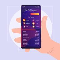 Vektorvorlage für die Smartphone-Schnittstelle zur Kraftstoffkontrolle im Auto. Farbdesign-Layout für mobile App-Seiten. Diesel-, LPG-, CNG-Nutzungsbildschirm. flache Benutzeroberfläche für die Anwendung. Hand hält Telefon mit Betankungsmanager auf dem Display vektor