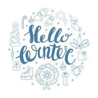 Hallo Winterhandlettering mit Weihnachtselementen. Wintersaisonkarte, Gruß vektor