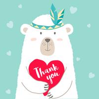 Vektor illustration av söt tecknad björn som håller hjärta och handskrivet bokstäver Tack för valentinkort, plakat, t-shirt utskrifter, gratulationskort. Alla hjärtans dag hälsning.