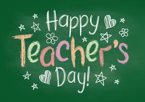 Lyckligt lärare dag hälsningskort eller skylt på grönt kritstyrelse i sketchy stil med handdrawn stjärnor och hjärtan. vektor