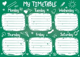 Schulzeitplanvorlage auf Kreidetafel mit handgeschriebenem Kreidetext. Der wöchentliche Stundenplan in der flüchtigen Art, die mit Hand gezeichneter Schule verziert wird, kritzelt auf grünem Brett. vektor