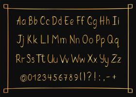 Goldenes Alphabet in der flüchtigen Art mit Rahmen. Vector handgeschriebene Bleistiftbuchstaben, -zahlen und -Interpunktionszeichen. Gold Stift Handschrift Schriftart.