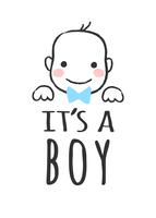 Vektor skisserad illustration med bebis ansikte och inskription - Det är en pojke - för baby shower kort, t-shirt tryck eller affisch.