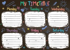 Schulzeitplanschablone auf Kreidebrett mit Hand geschriebenem farbigem Kreidetext. Wöchentlicher Stundenplan im skizzenhaften Stil, dekoriert mit handgezeichneten Schulgekritzeln an der Tafel.