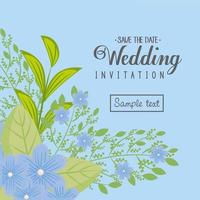 bröllopsinbjudan med blå blommor och blad vektor design