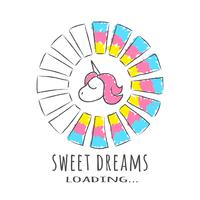 Fortschrittsbalken mit Aufschrift - Sweet Dreams laden und Einhorn in skizzenhaften Stil. Vektorillustration für T-Shirt Design, Plakat oder Karte. vektor