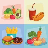 Junk-Essen und gesunde Lebensmittel umrahmen Vektordesign vektor