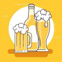 Becher, Glas und Flasche Bier auf gelbem Hintergrund vektor