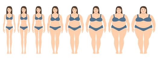 Vektor illustration av kvinnor med olika vikt från anorexi till extremt fetma. Body mass index, viktminskning koncept.