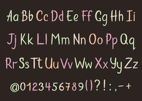 Coloful alfabet i sketchy stil. Vektor handskriven penna bokstäver, siffror och skiljetecken. Skriva teckensnitt
