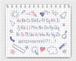 Alfabet i sketchy stil med school doodles på copybook sheet. Vektor handskriven penna bokstäver, siffror och skiljetecken. Bläckpenna handstil typsnitt och klotter designelement.