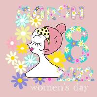 Happy Women's Day Card Frau Cartoon im Frühling Blumen Hintergrund und Blumen Alphabete 8. März 2022 handgezeichnete Zeichnung Cartoon-Vektor vektor