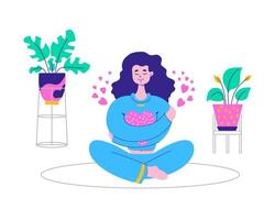 leende kvinna kramar sig själv och sitter på mattan, runt krukväxterna. älska dig själv, självvård, kroppsvård, självacceptans, positivt koncept. handritad vektor platt tecknad illustration