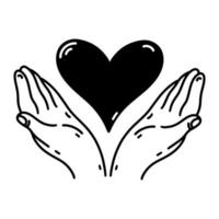 menschliche Hände halten Herz-Vektor-Symbol. hand gezeichnete illustration lokalisiert auf weißem hintergrund. symbol für gesundheitsversorgung, liebe, hoffnung, weltfrieden. einfaches einfarbiges Gekritzel, Skizze vektor