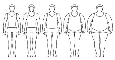Body Mass Index-Vektorillustration von Untergewicht zu extrem beleibtem. Menschenkonturen mit unterschiedlichen Adipositasgraden. Männlicher Körper mit unterschiedlichem Gewicht.