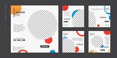 Satz von Social-Media-Beitragsvorlagen. Social-Media-Vorlage mit Kreismodell und weißem Hintergrund für das Design des Weltjugendtages vektor
