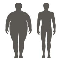 Vektor illustration av en man före och efter viktminskning. Manlig kropps silhuett. Framgångsrikt diet och sportkoncept. Smala och feta pojkar.