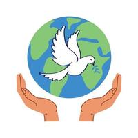 fredsduva - en symbol för fred på jorden. händer som håller världen, jorden. vektor
