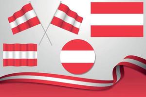 uppsättning österrikiska flaggor i olika utföranden, ikon, flagande flaggor med band med bakgrund. gratis vektor