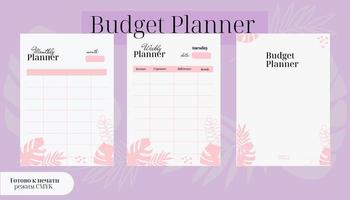 Vorlagen von Vektorseiten des Budgetplaners. täglich, wöchentlich, monatlich, nach Projekten, Budget und Planern. rosafarbenes, nacktes Blumenmuster. vektor