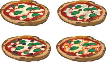 uppsättning av 4 handritade vektor veganska pizzor isolerad på vit bakgrund. pizza med tomater, mozzarellaost och basilikablad. pizza margarita.