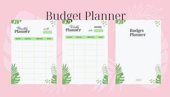 Vorlage von Vektorseiten des Budgetplaners. täglich, wöchentlich, monatlich, nach Projekten, Budget und Planern. rosafarbenes, nacktes Blumenmuster.