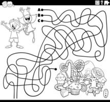 labyrinth mit cartoon kindern und süßigkeiten malbuchseite vektor