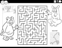 labyrinth mit karikaturbären tierfiguren malbuchseite vektor