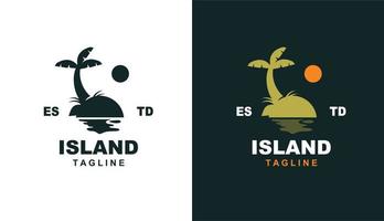 ön logotyp vintage minimalistisk. strand, kokospalmer och soluppgång med lugnt vatten för varumärke och företag vektor