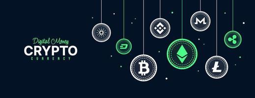 kryptowährungssymbole hintergrund, digitaler geldwechsel von blockchain-technologie-bannern, kryptowährungs-mining und finanzkonzept vektor